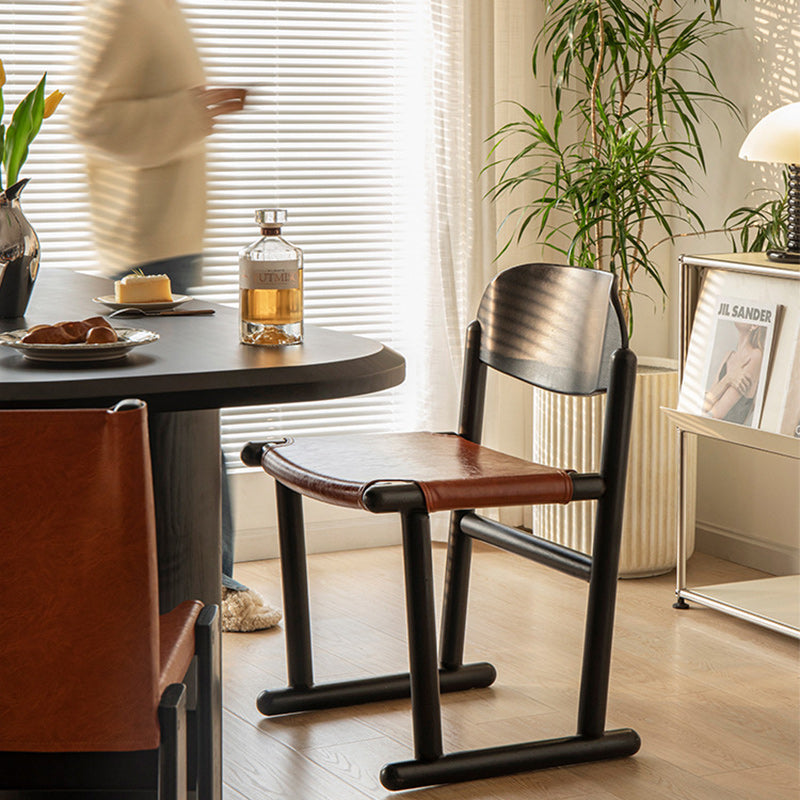 Traditional Vintage Square Oval Oiled Wax Leather Wood Dining Chair Backrest Armless For Dining Room