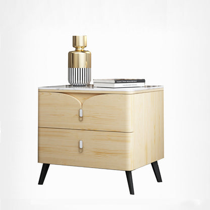 Contemporary Nordic Rectangular Stone Slab Wood Microfiber Leather Carbon Steel Nightstand 2-Drawer For Bedroom