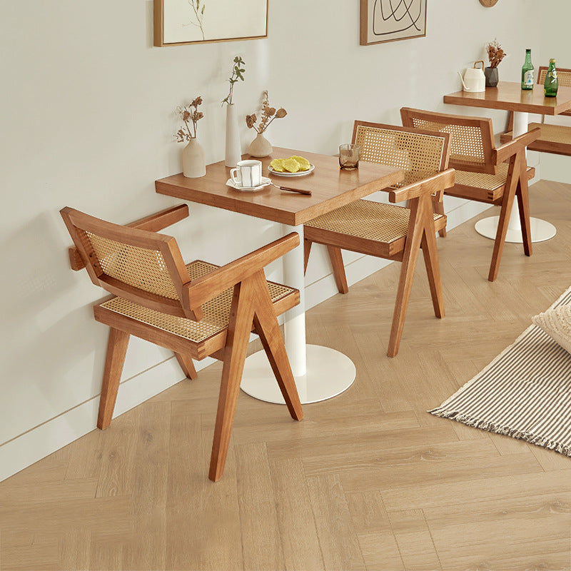 Traditional Japanese Weaving Rattan Wood Square Rectangular V Shape Frame Dining Chair Backrest Armrest For Dining Room