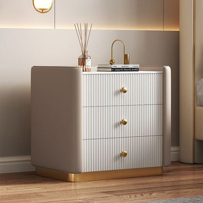 Modern Minimalist Rectangular Round Corner Wood Rock Slab Microfiber Leather Metal Nightstand 3-Drawer For Bedroom