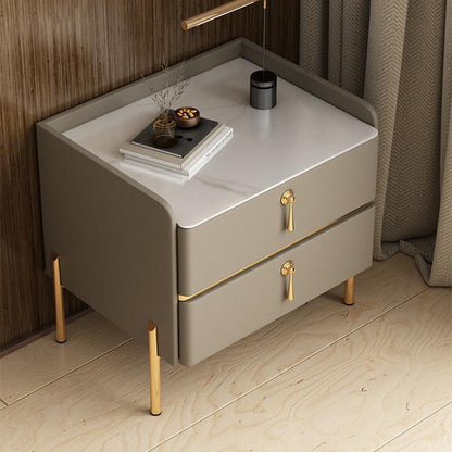 Modern Luxury Rectangular Solid Wood Rock Slab Microfiber Leather Nightstand 2-Drawer For Bedroom