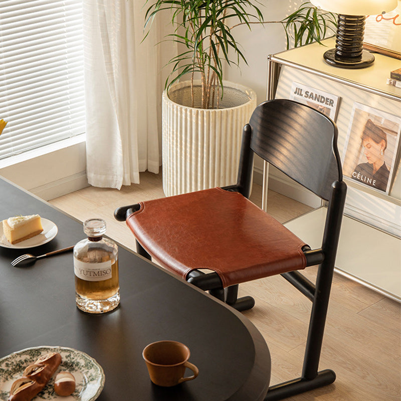 Traditional Vintage Square Oval Oiled Wax Leather Wood Dining Chair Backrest Armless For Dining Room