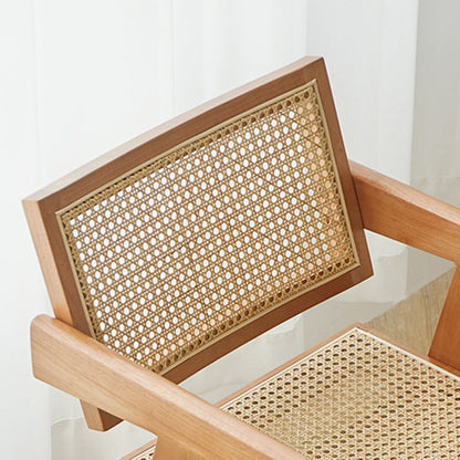 Traditional Japanese Weaving Rattan Wood Square Rectangular V Shape Frame Dining Chair Backrest Armrest For Dining Room