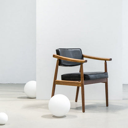 Contemporary Nordic Rectangular PU Leather Oak Dining Chair Backrest Arm For Dining Room