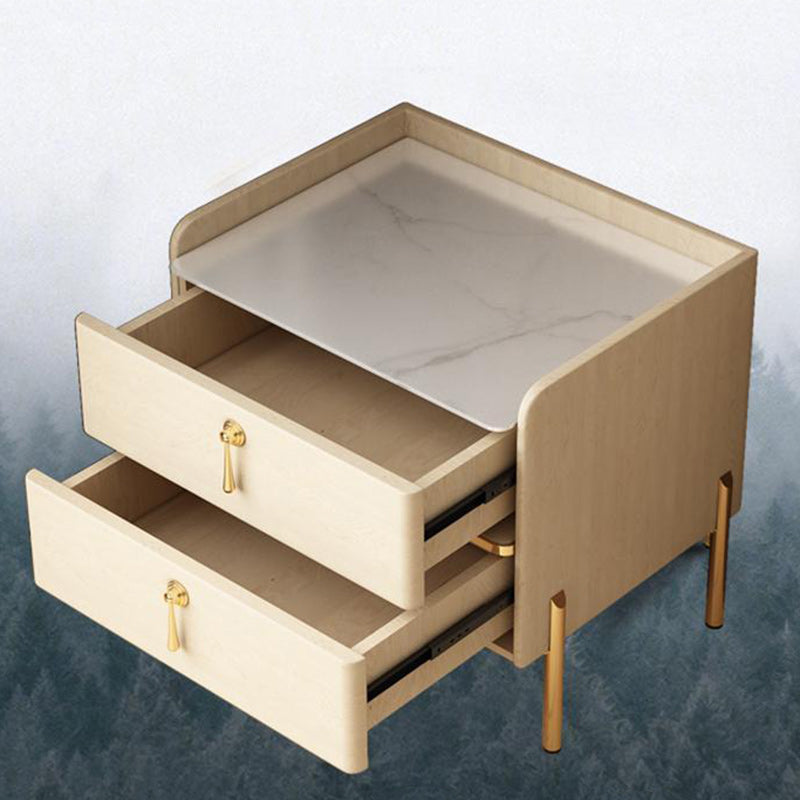 Modern Luxury Rectangular Solid Wood Rock Slab Microfiber Leather Nightstand 2-Drawer For Bedroom