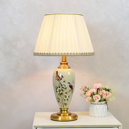 Traditional Chinese Cylindrical Floral And Bird Pattern Metal Ceramic Fabric 1-Light Table Lamp For Bedroom