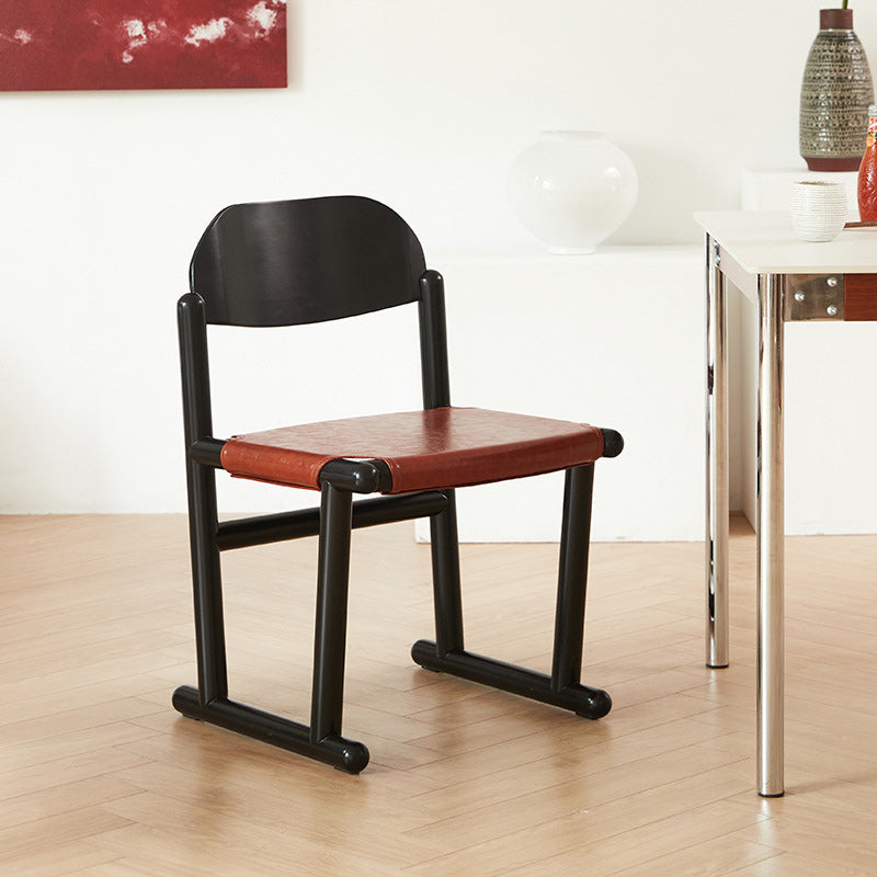 Traditional Vintage Square Oval Oiled Wax Leather Wood Dining Chair Backrest Armless For Dining Room