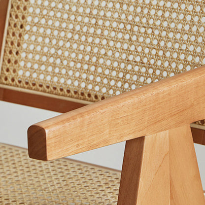 Traditional Japanese Weaving Rattan Wood Square Rectangular V Shape Frame Dining Chair Backrest Armrest For Dining Room