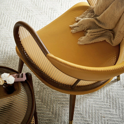 Traditioanal Vintage Weaving Microfiber Leather Ash Wood Rattan Sponge Square Hug Dining Chair Backrest Armrest For Dining Room