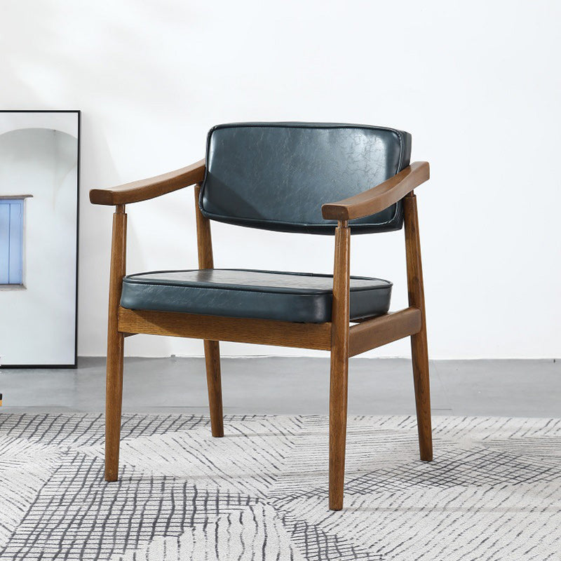 Contemporary Nordic Rectangular PU Leather Oak Dining Chair Backrest Arm For Dining Room