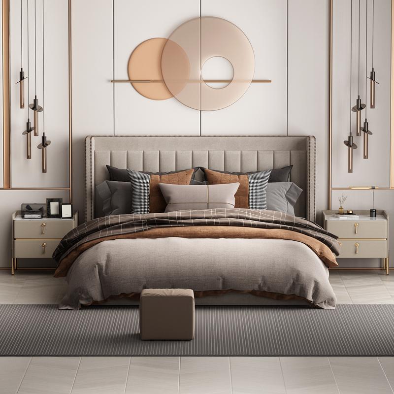 Modern Luxury Rectangular Solid Wood Rock Slab Microfiber Leather Nightstand 2-Drawer For Bedroom