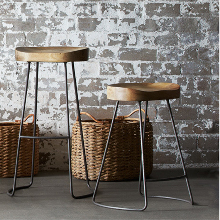 Contemporary Retro Square Solid Wood Iron Bar Stool Backless Footrest For Dining Room