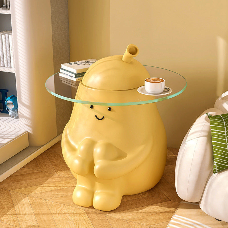 Modern Art Deco Round Cartoon Pear Resin Reinforced Glass End Table 1-Tray For Bedroom