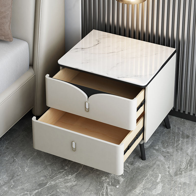 Contemporary Nordic Rectangular Stone Slab Wood Microfiber Leather Carbon Steel Nightstand 2-Drawer For Bedroom