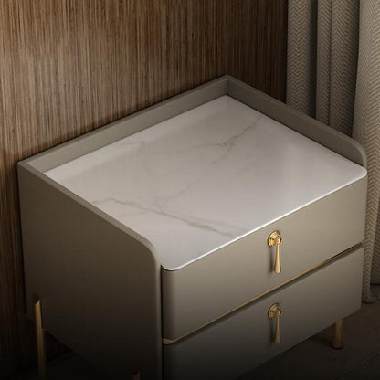 Modern Luxury Rectangular Solid Wood Rock Slab Microfiber Leather Nightstand 2-Drawer For Bedroom