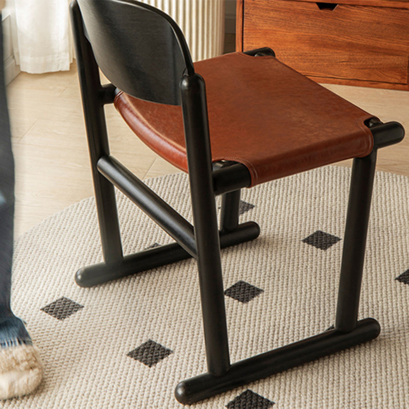 Traditional Vintage Square Oval Oiled Wax Leather Wood Dining Chair Backrest Armless For Dining Room