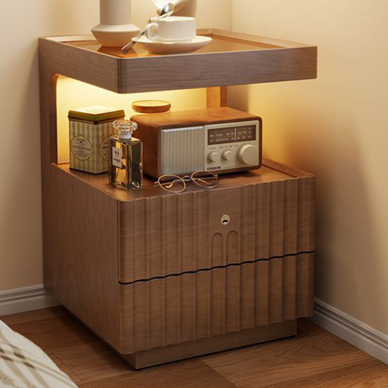 Contemporary Nordic Rectangular Solid Wood Tempered Glass Zinc Alloy Nightstand 2-Drawer For Bedroom