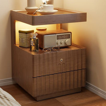 Contemporary Nordic Rectangular Solid Wood Tempered Glass Zinc Alloy Nightstand 2-Drawer For Bedroom