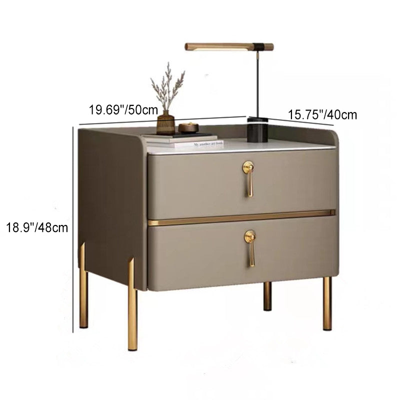 Modern Luxury Rectangular Solid Wood Rock Slab Microfiber Leather Nightstand 2-Drawer For Bedroom