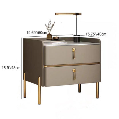 Modern Luxury Rectangular Solid Wood Rock Slab Microfiber Leather Nightstand 2-Drawer For Bedroom