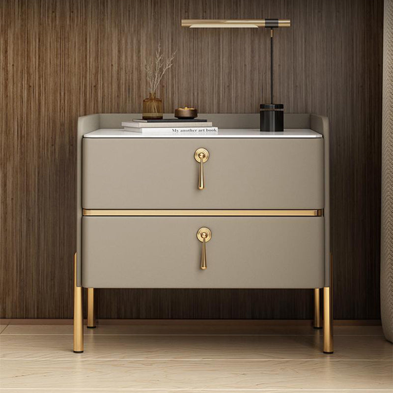 Modern Luxury Rectangular Solid Wood Rock Slab Microfiber Leather Nightstand 2-Drawer For Bedroom