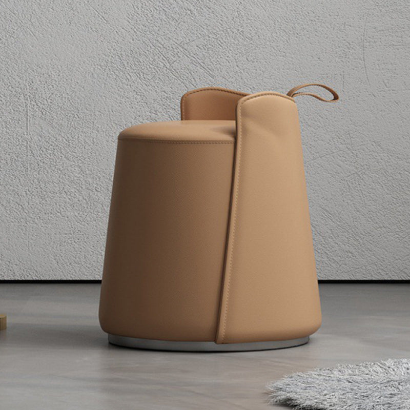 Contemporary Nordic Round Cylinder Faux Leather Wood Vanity Stool Low Backrest For Bedroom