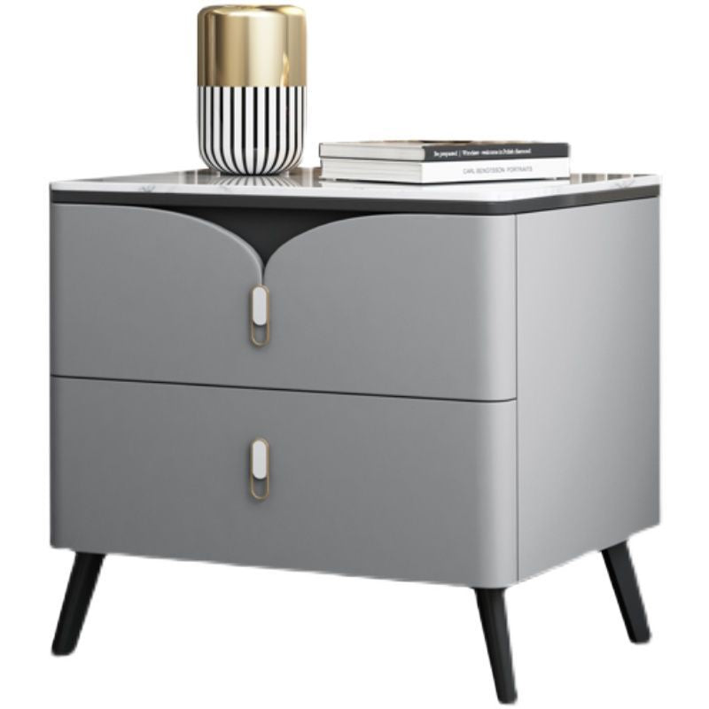 Contemporary Nordic Rectangular Stone Slab Wood Microfiber Leather Carbon Steel Nightstand 2-Drawer For Bedroom