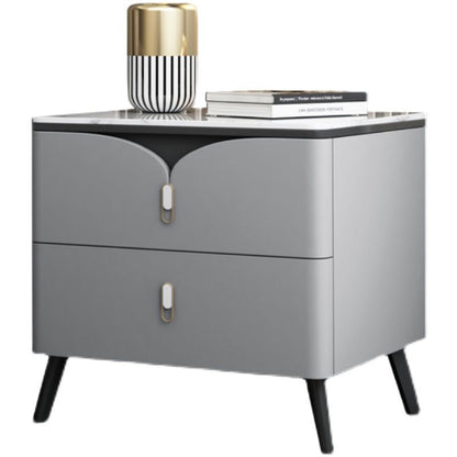Contemporary Nordic Rectangular Stone Slab Wood Microfiber Leather Carbon Steel Nightstand 2-Drawer For Bedroom