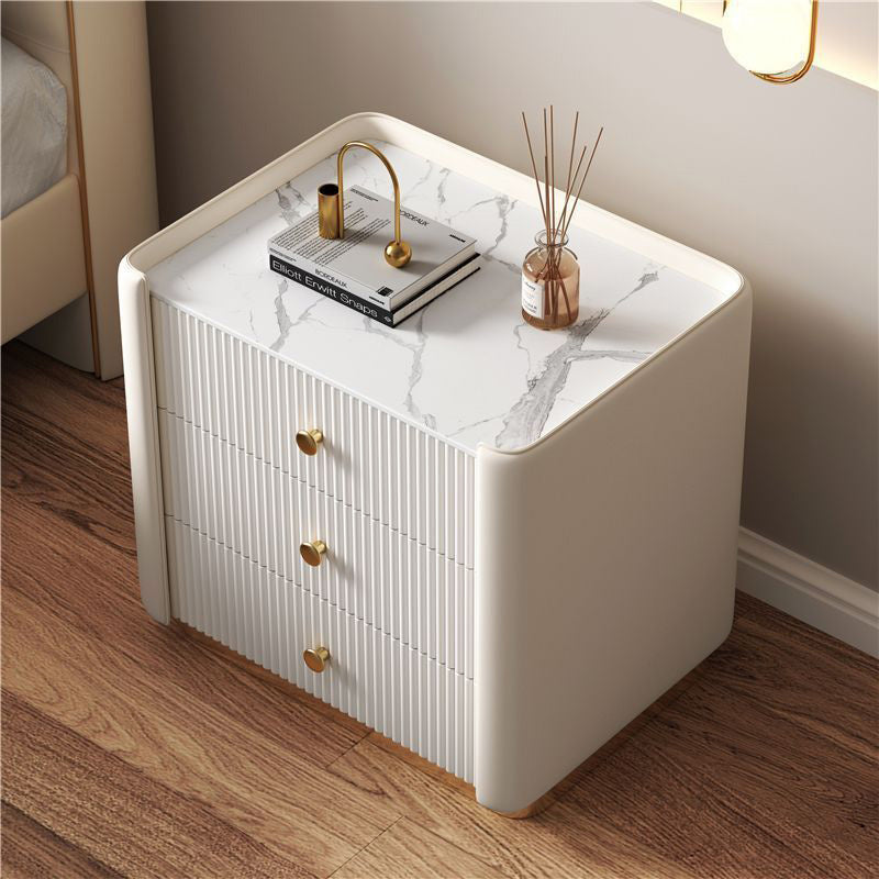 Modern Minimalist Rectangular Round Corner Wood Rock Slab Microfiber Leather Metal Nightstand 3-Drawer For Bedroom