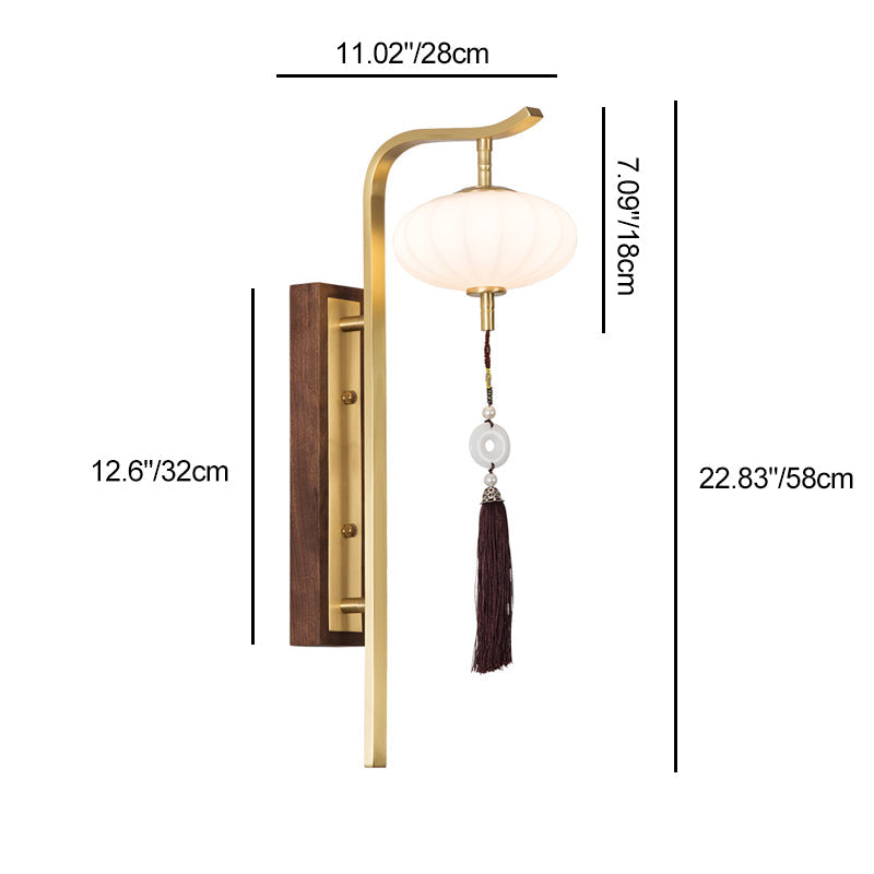 Traditional Chinese Oval Lantern Copper Walnut Lampshade 1 - Light Wall Sconce Lamp For Living Room
