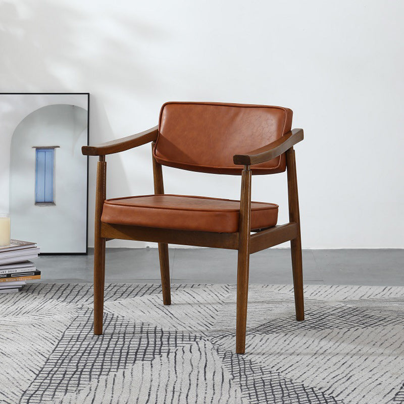 Contemporary Nordic Rectangular PU Leather Oak Dining Chair Backrest Arm For Dining Room