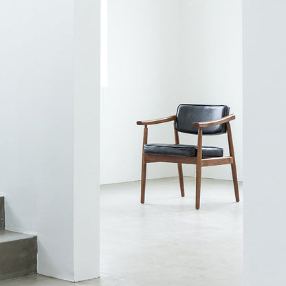 Contemporary Nordic Rectangular PU Leather Oak Dining Chair Backrest Arm For Dining Room