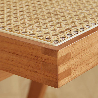 Traditional Japanese Weaving Rattan Wood Square Rectangular V Shape Frame Dining Chair Backrest Armrest For Dining Room