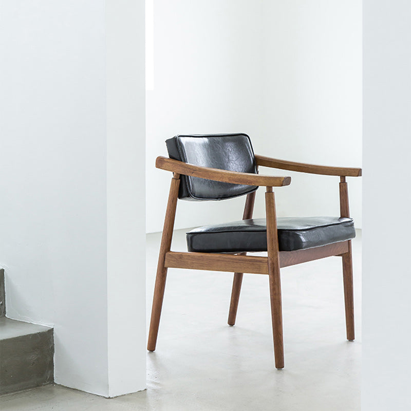 Contemporary Nordic Rectangular PU Leather Oak Dining Chair Backrest Arm For Dining Room