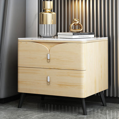 Contemporary Nordic Rectangular Stone Slab Wood Microfiber Leather Carbon Steel Nightstand 2-Drawer For Bedroom