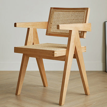 Traditional Japanese Weaving Rattan Wood Square Rectangular V Shape Frame Dining Chair Backrest Armrest For Dining Room