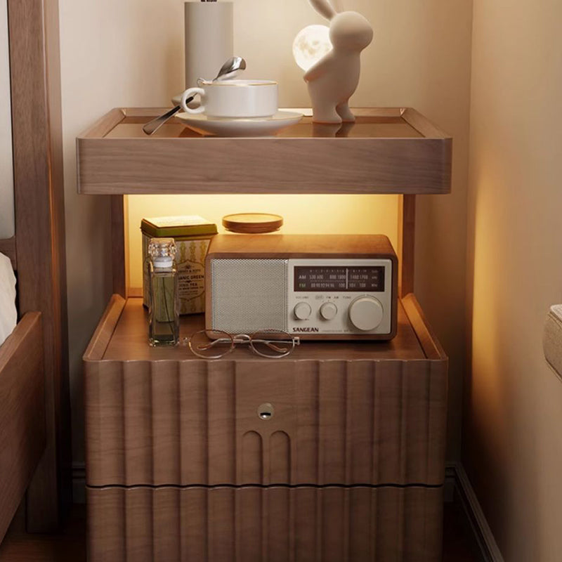 Contemporary Nordic Rectangular Solid Wood Tempered Glass Zinc Alloy Nightstand 2-Drawer For Bedroom