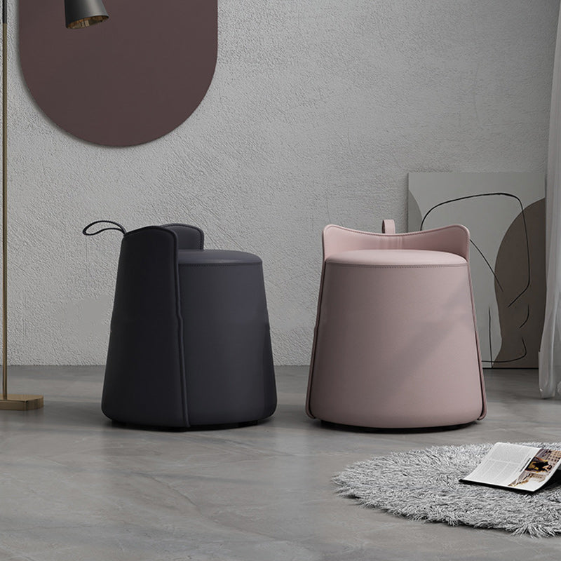 Contemporary Nordic Round Cylinder Faux Leather Wood Vanity Stool Low Backrest For Bedroom