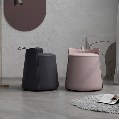 Contemporary Nordic Round Cylinder Faux Leather Wood Vanity Stool Low Backrest For Bedroom