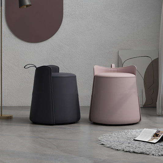 Contemporary Nordic Round Cylinder Faux Leather Wood Vanity Stool Low Backrest For Bedroom