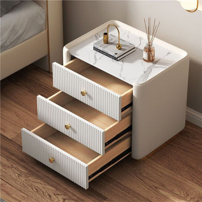 Modern Minimalist Rectangular Round Corner Wood Rock Slab Microfiber Leather Metal Nightstand 3-Drawer For Bedroom