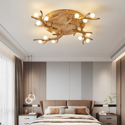 Contemporary Scandinavian Polymer Tree Branch Texture Glass Ball Shade 9/12/15-Light Semi-Flush Mount Ceiling Light For Living Room