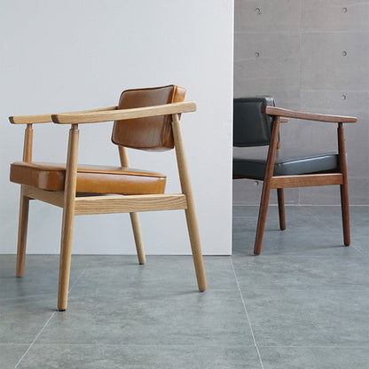 Contemporary Nordic Rectangular PU Leather Oak Dining Chair Backrest Arm For Dining Room