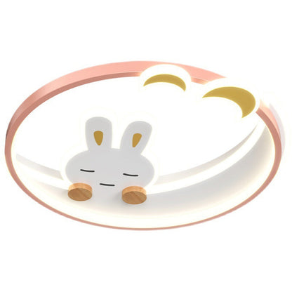 Contemporary Creative Cute Rabbit Iron Round LED Flush Mount Ceiling Light For Bedroom