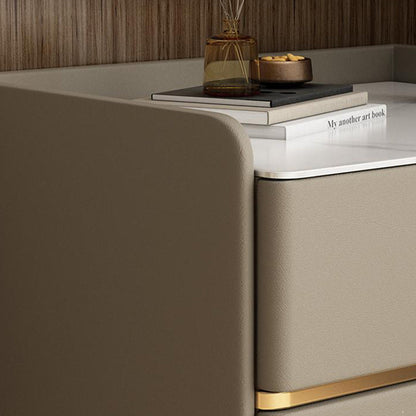 Modern Luxury Rectangular Solid Wood Rock Slab Microfiber Leather Nightstand 2-Drawer For Bedroom