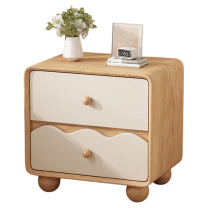 Modern Minimalist Rectangular Cat-Scratch-Resistant Leather Solid Wood Nightstand 2-Drawer For Bedroom