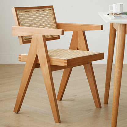 Traditional Japanese Weaving Rattan Wood Square Rectangular V Shape Frame Dining Chair Backrest Armrest For Dining Room