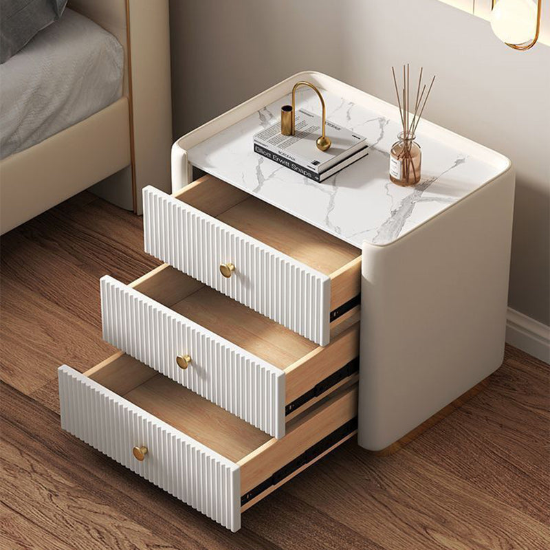 Modern Minimalist Rectangular Round Corner Wood Rock Slab Microfiber Leather Metal Nightstand 3-Drawer For Bedroom