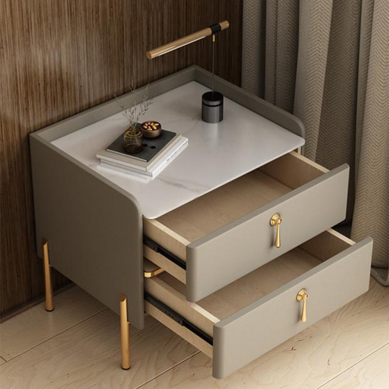 Modern Luxury Rectangular Solid Wood Rock Slab Microfiber Leather Nightstand 2-Drawer For Bedroom