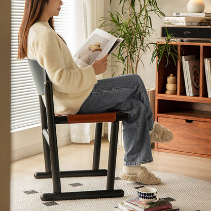 Traditional Vintage Square Oval Oiled Wax Leather Wood Dining Chair Backrest Armless For Dining Room
